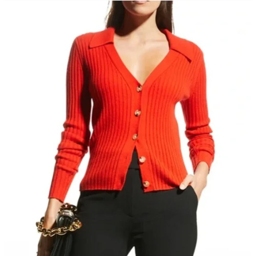 Veronica Beard Red Cashmere Lazana Cardigan Ribbed V-Neck Sweater Small - Picture 4 of 9